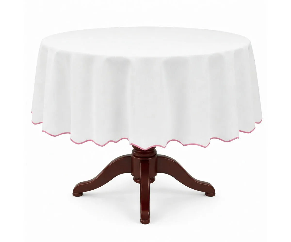 White Round Cloth Tablecloths - Scalloped Edge