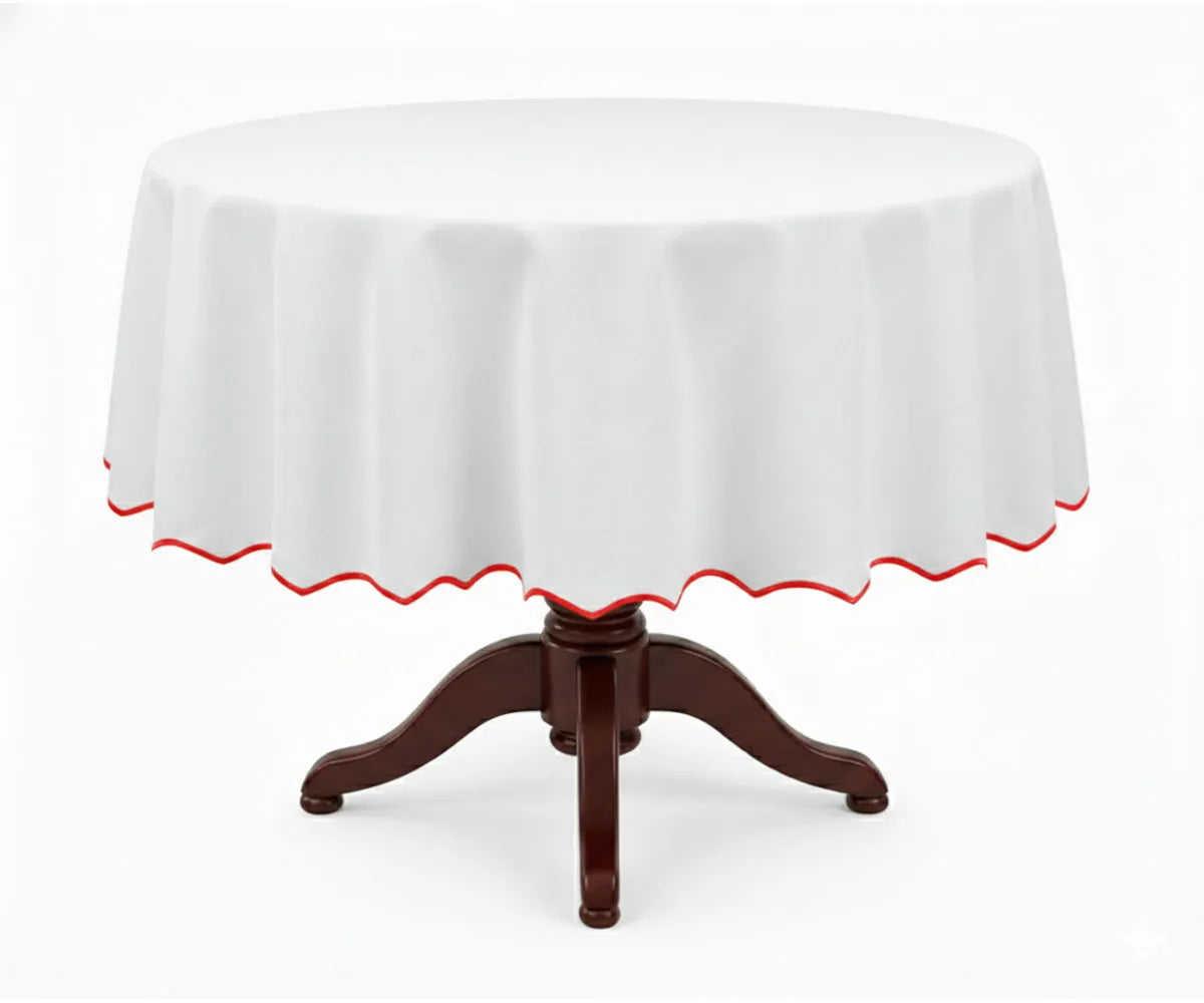 White Round Cloth Tablecloths - Scalloped Edge