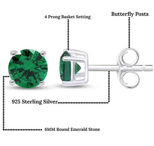 Sterling Silver 1.5 CTTW Round Cut Emerald Studs - Gifts for You 'n Me