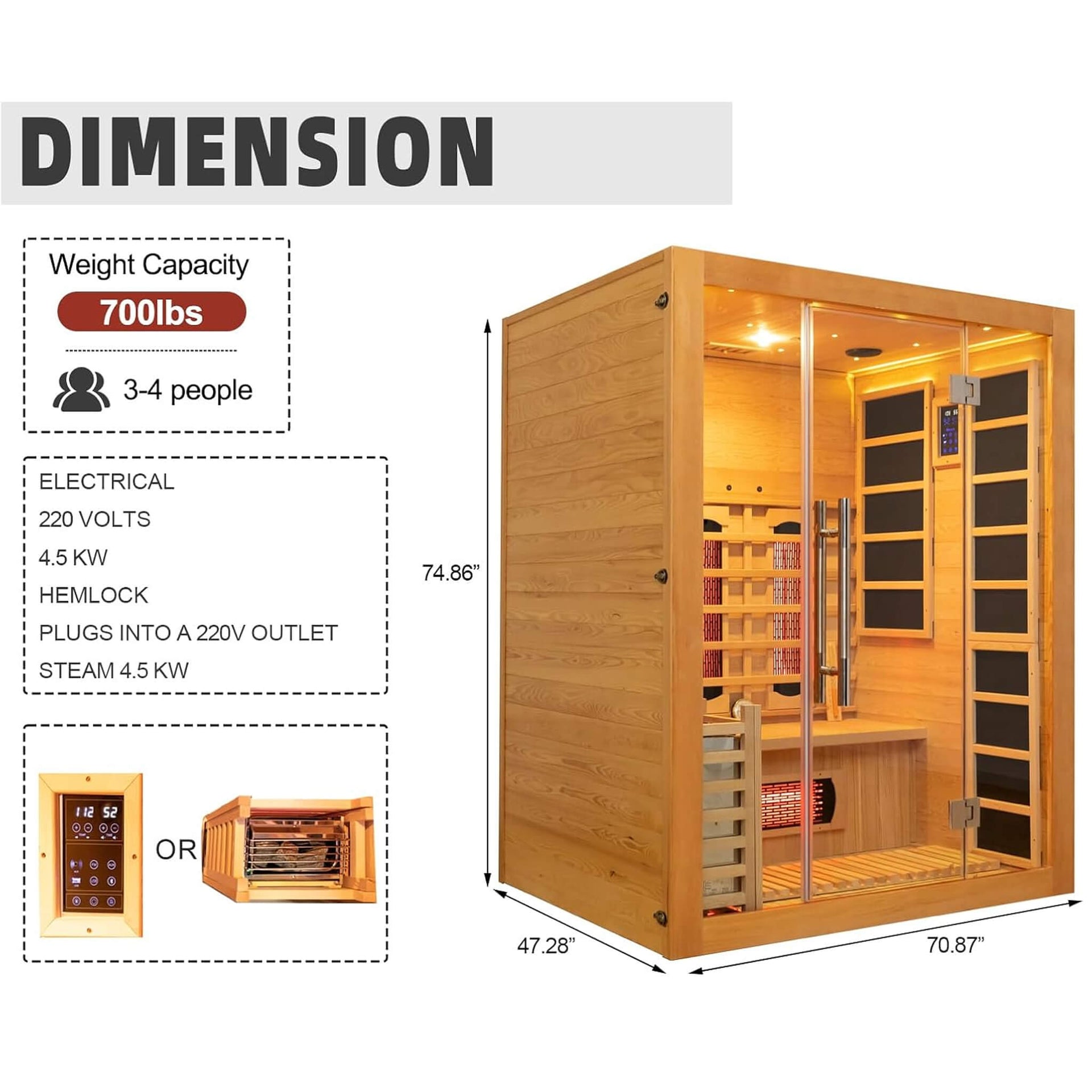 Aurora 3-Person Indoor Hybrid Sauna Room With Infrared And 4.5KW Steam Heater [Made-To-Order] (SAK41592)
