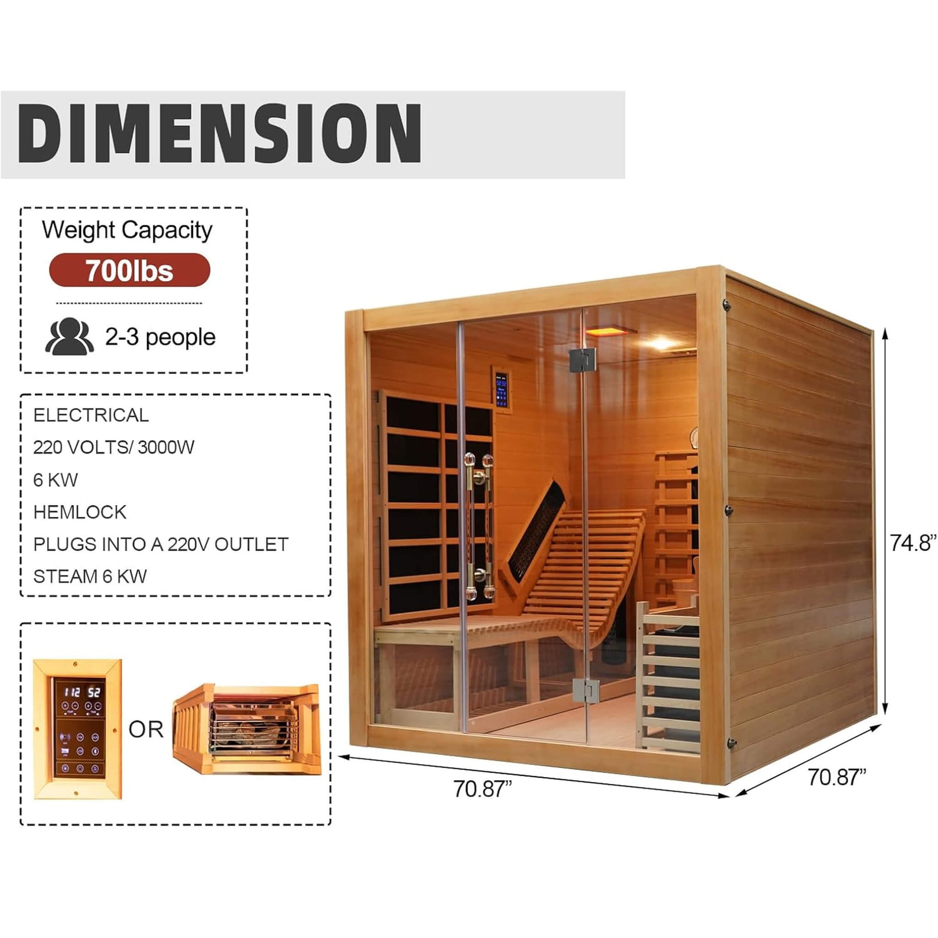 Oasis 3-Person Indoor Hybrid Sauna Room With Built-In Lounge Chair [Made-To-Order] (SAK35182)