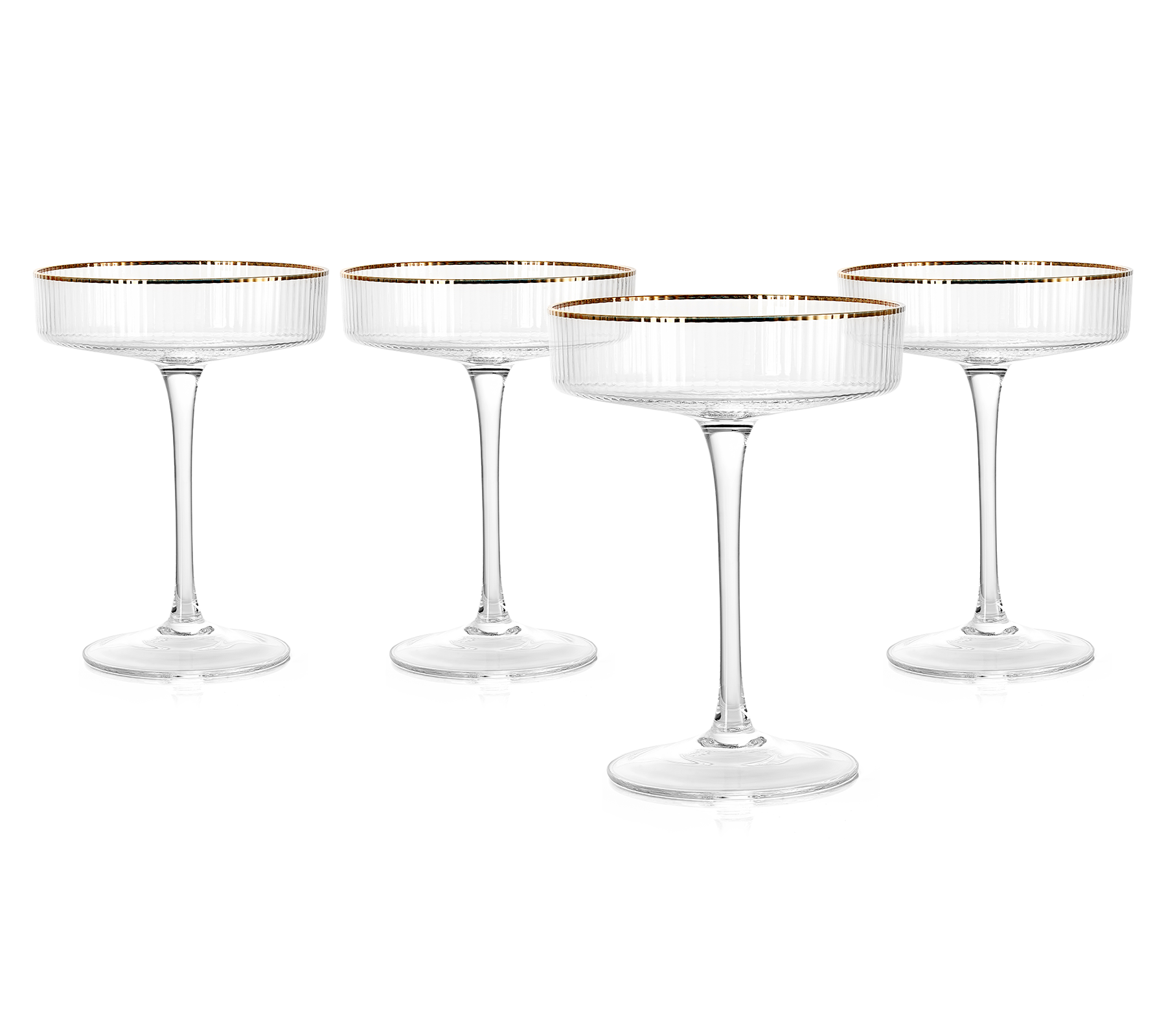 Ribbed Coupe Cocktail Glasses With Gold Rim 8 oz | Set of 4 | Classic Manhattan Glasses For Cocktails, Champagne Coupe, Ripple Coupe Glasses, Art Deco Gatsby Vintage, Crystal with Stems