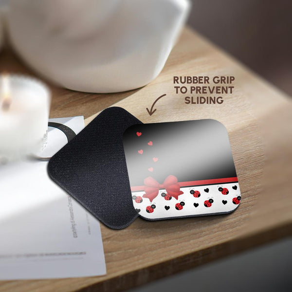 3dRose Charlyn Woodruff - CW Designs Whimsical Collection - Cute Red Black Ladybugs Floating Hearts Red Ribbon - Coasters (CST_155266)