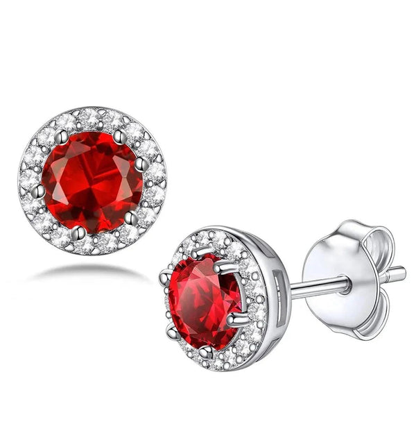 14K White Gold Flashed Birthstone Gemstone CZ Halo Studs Earrings - Gifts for You 'n Me