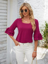 Ruffled Suqare Neck Half Sleeve Blouse - Hot Pink / L