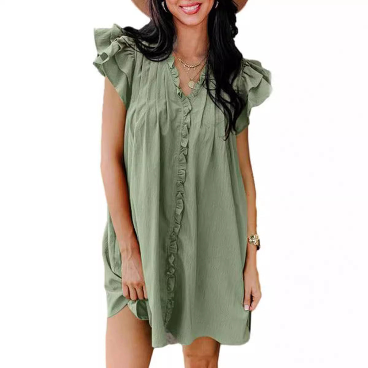 Ruffled V-Neck Cap Sleeve Mini Dress