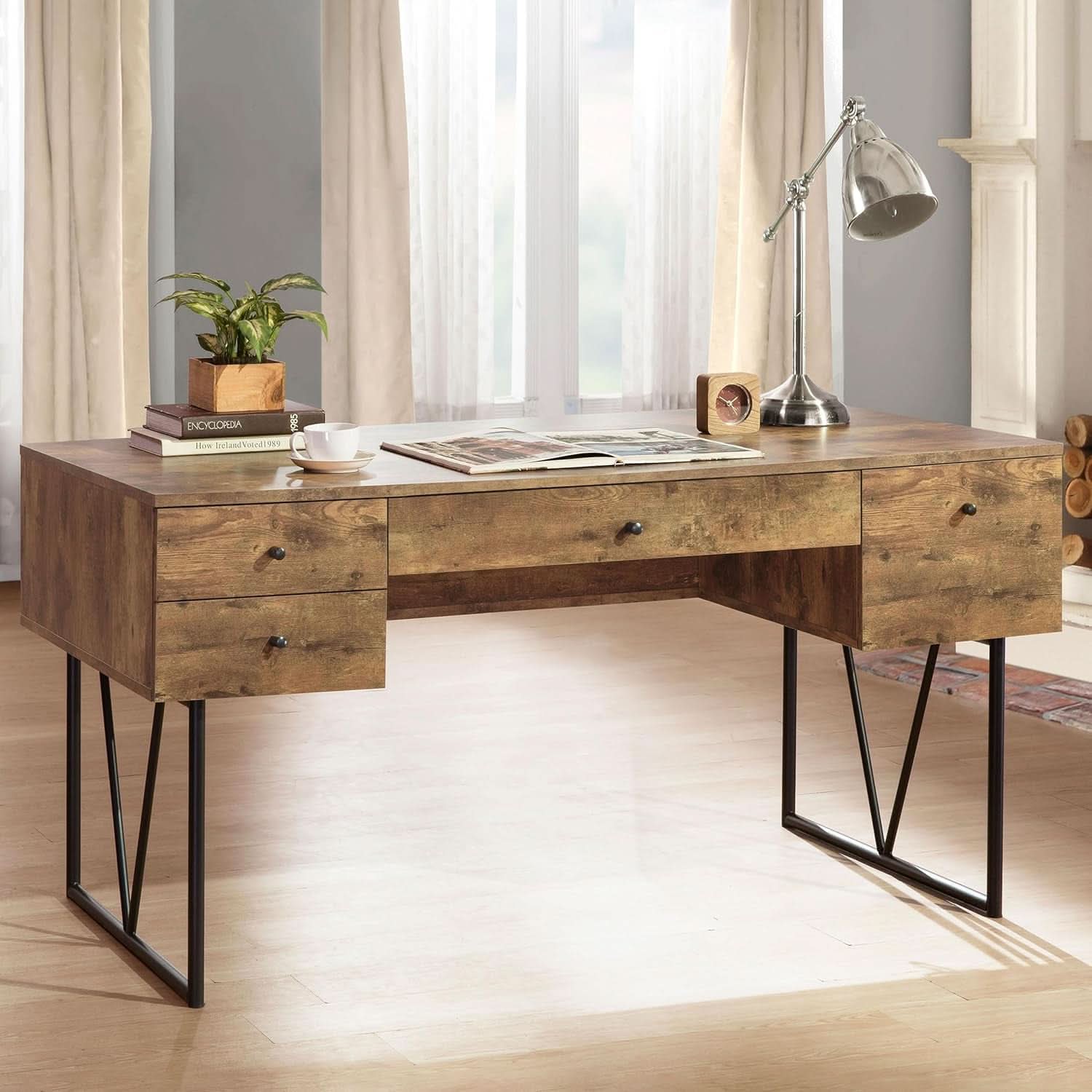 Rustic 63 Inch Writing Desk with Four Storage Drawers