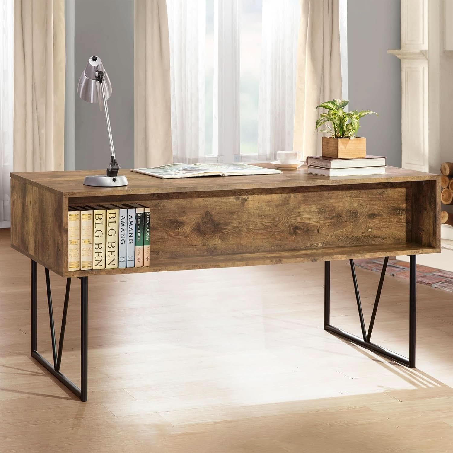 Rustic 63 Inch Writing Desk with Four Storage Drawers