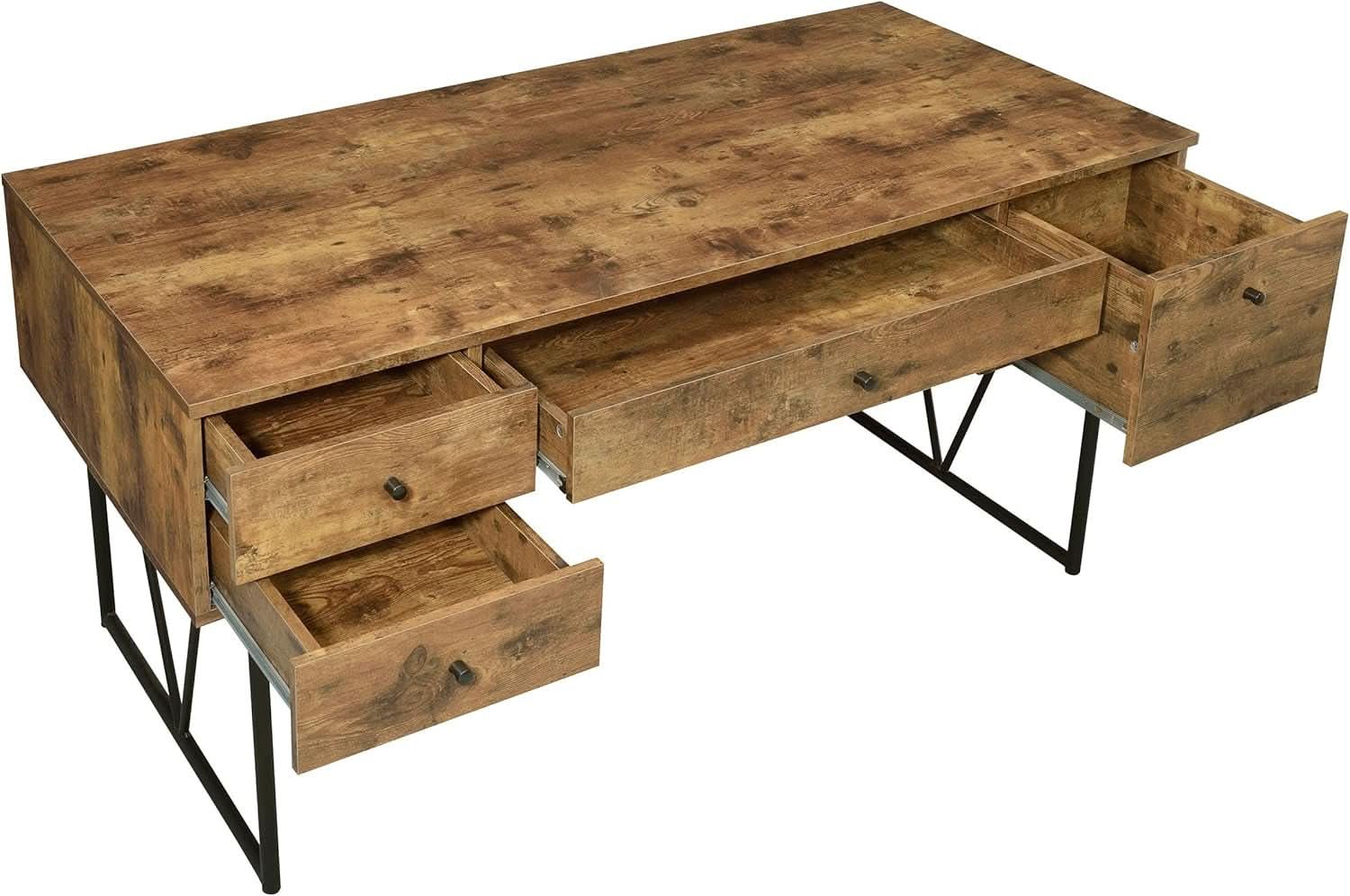 Rustic 63 Inch Writing Desk with Four Storage Drawers