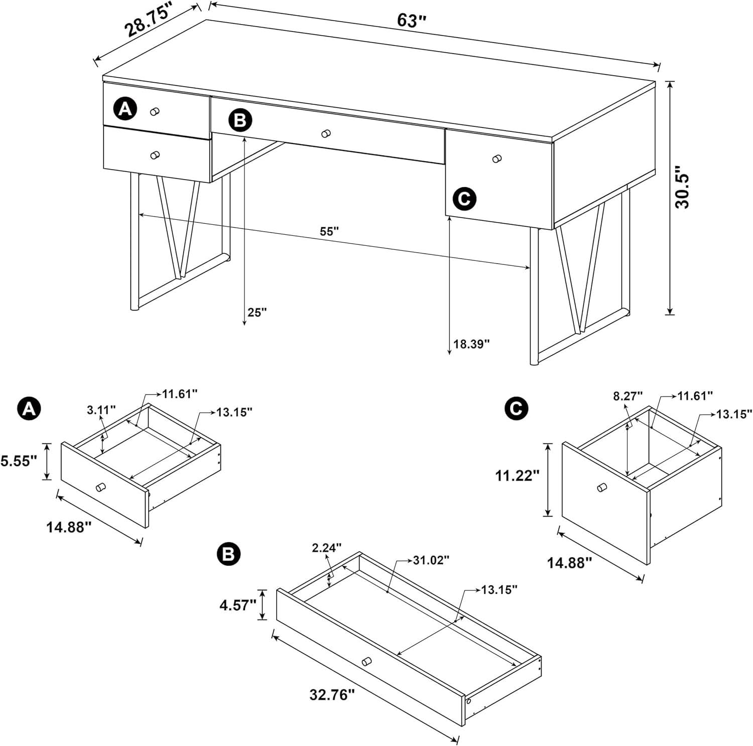 Rustic 63 Inch Writing Desk with Four Storage Drawers