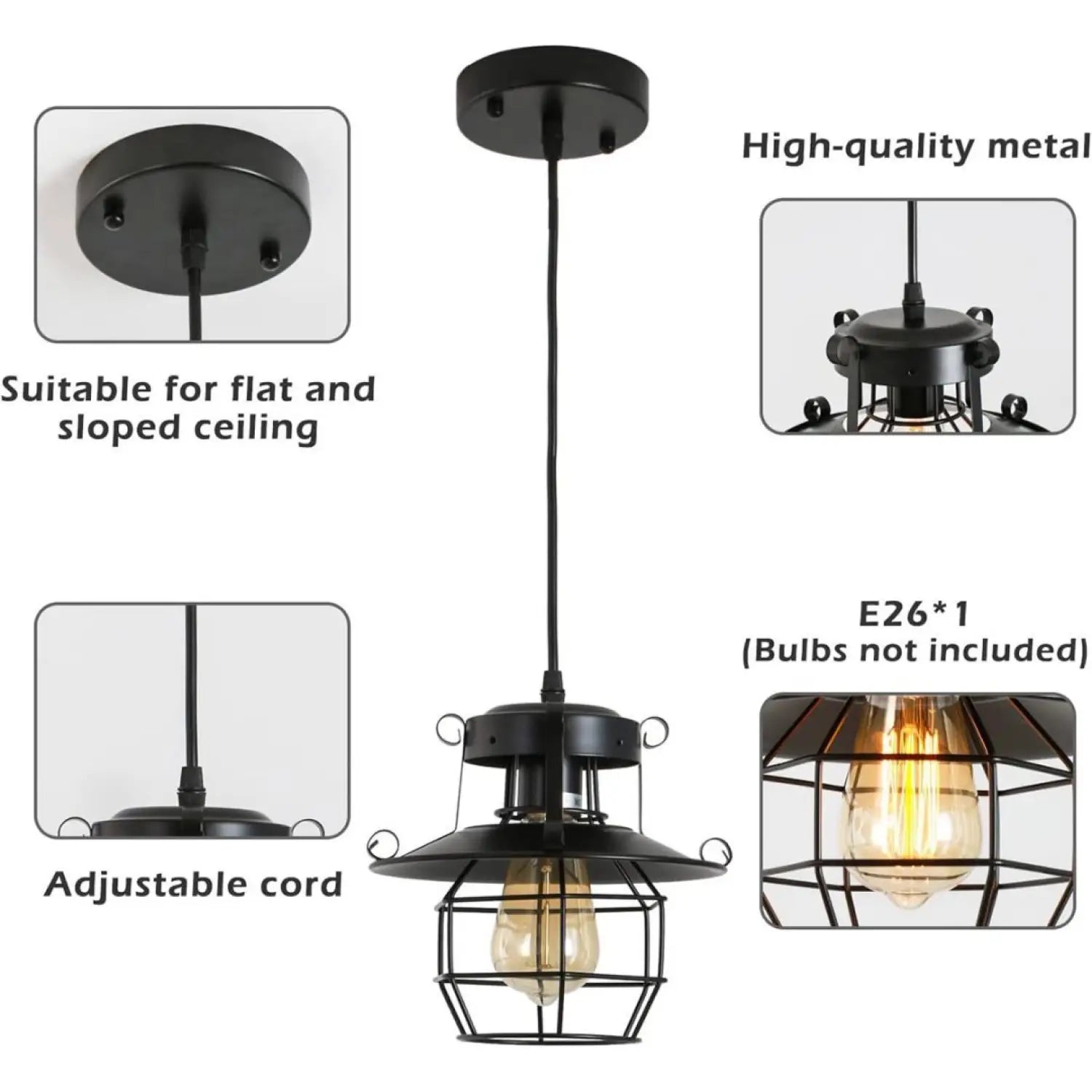 Rustic Black Pendant Light for Island with Adjustable Cage Design