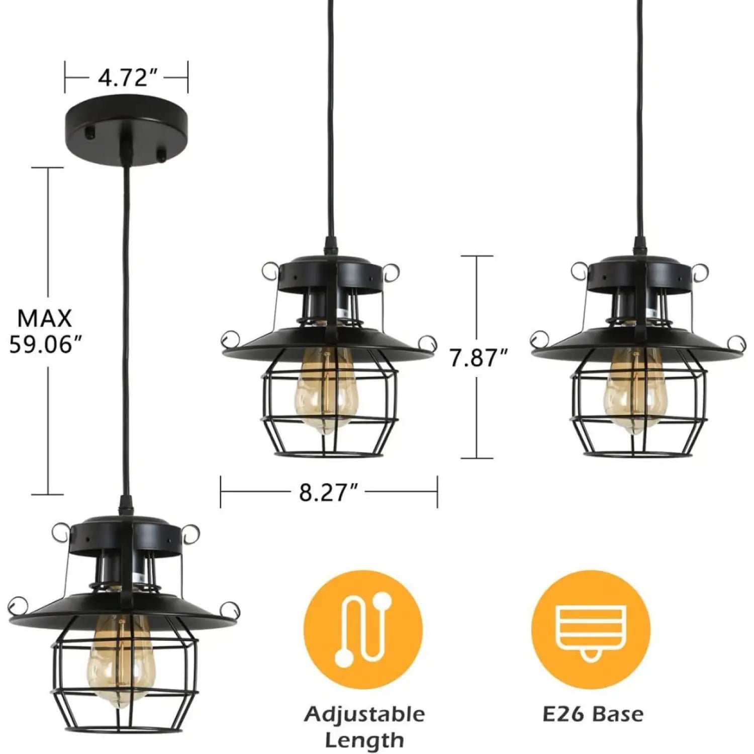 Rustic Black Pendant Light for Island with Adjustable Cage Design