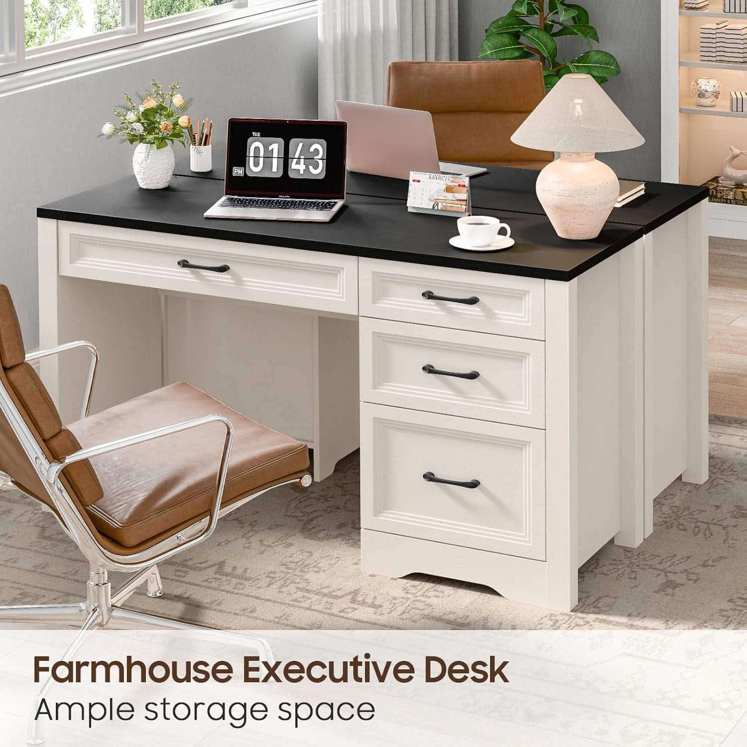 Rustic Farmhouse Executive Desk with Ample Storage Drawers