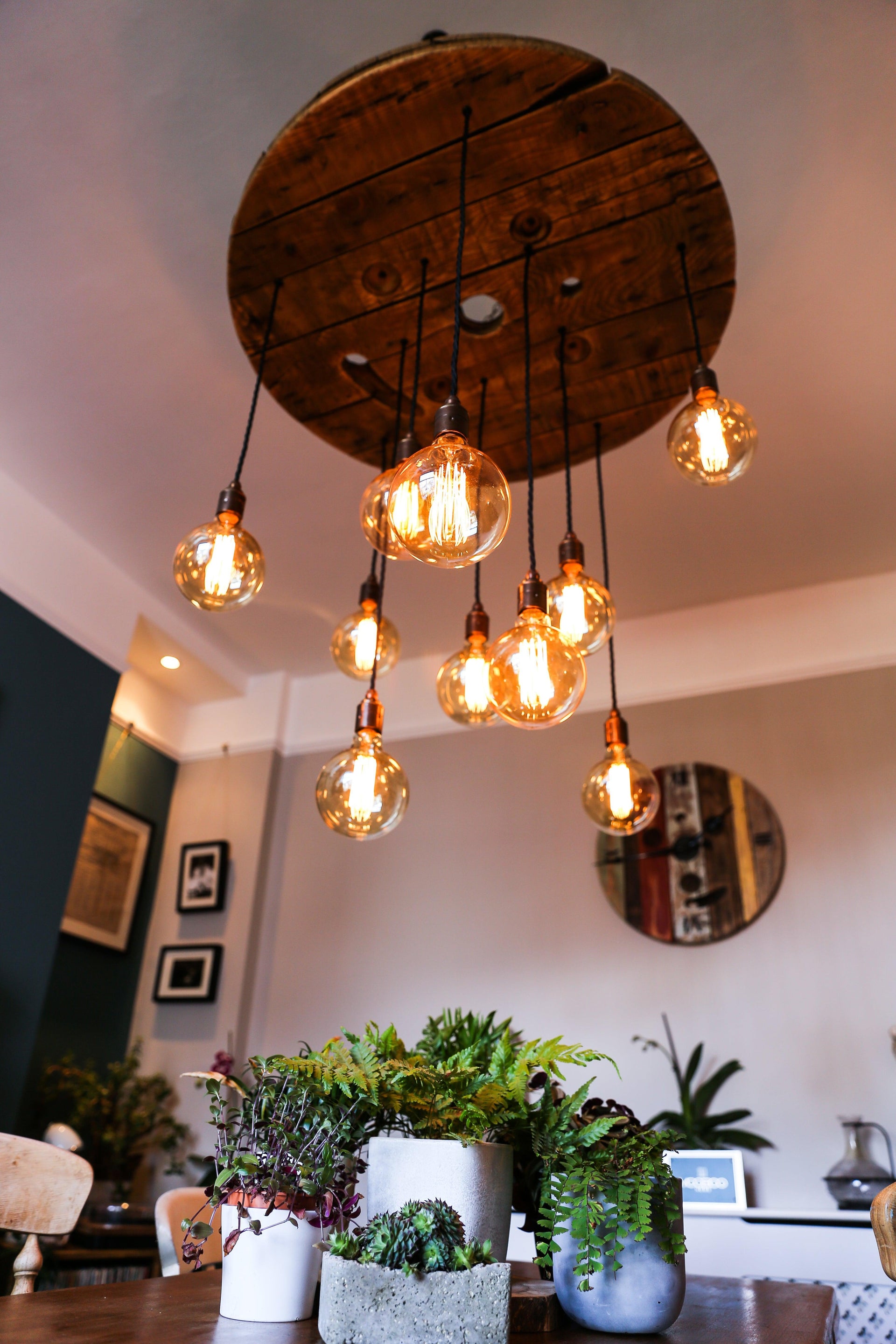 Rustic Industrial Cable Reel Cascade Chandelier
