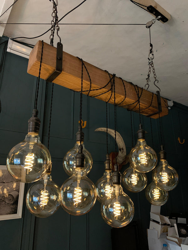 Rustic Oak Beam Chandelier with Wrapped Cables and Steel Brackets