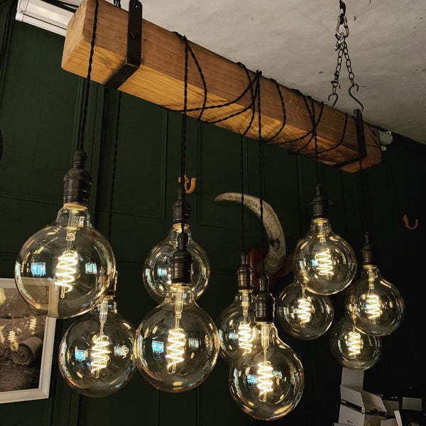 Rustic Oak Beam Chandelier with Wrapped Cables and Steel Brackets