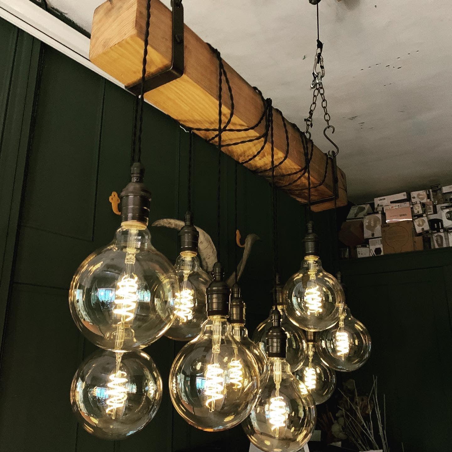 Rustic Oak Beam Chandelier with Wrapped Cables and Steel Brackets