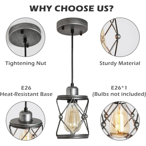 Rustic Silver Metal Pendant Hanging Lights Kitchen with Adjustable LED Lamp