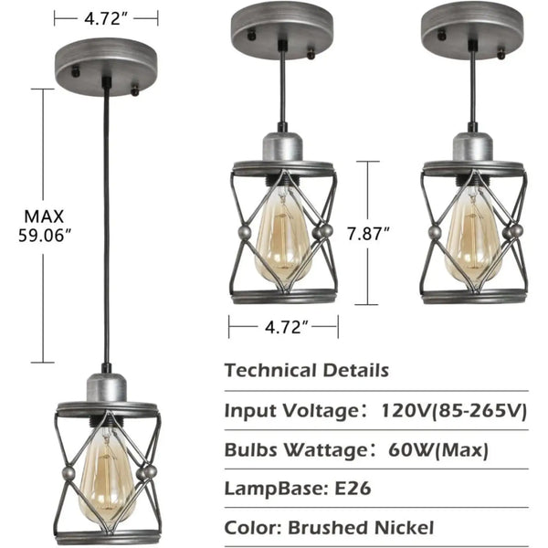 Rustic Silver Metal Pendant Hanging Lights Kitchen with Adjustable LED Lamp
