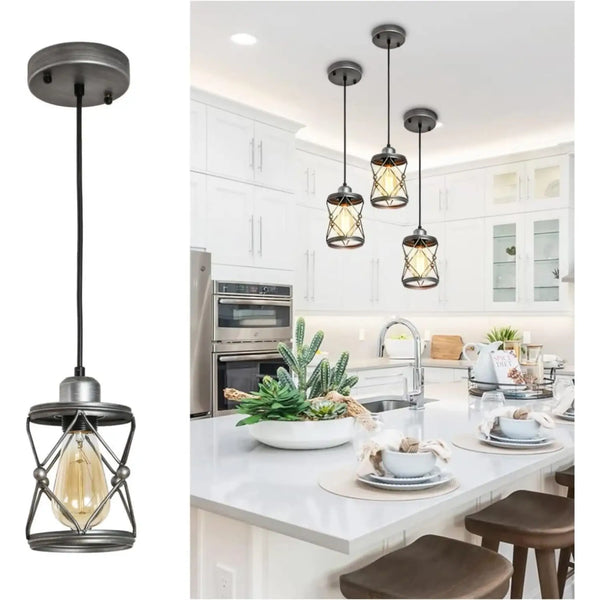 Rustic Silver Metal Pendant Hanging Lights Kitchen with Adjustable LED Lamp