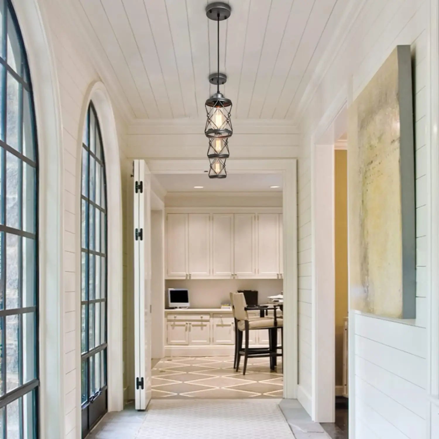 Rustic Silver Metal Pendant Hanging Lights Kitchen with Adjustable LED Lamp