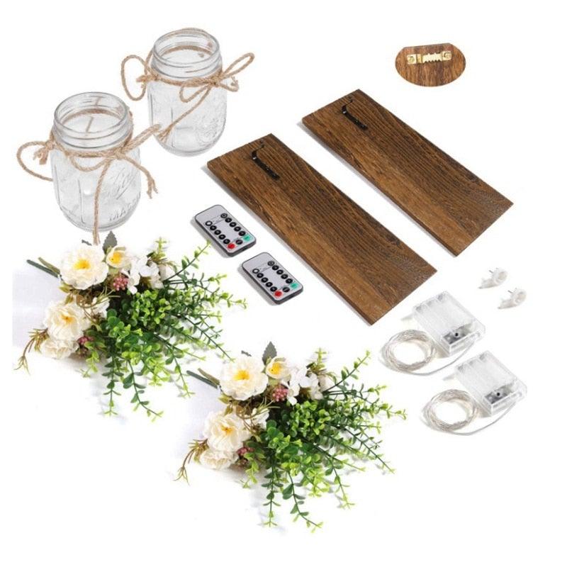 Rustic Wall Sconces Flower Lamp Mason Jar Sconce Handmade Wall Art Hanging Home Decoration 2 Set with LED Fairy Lights Decorative  Peony Flower