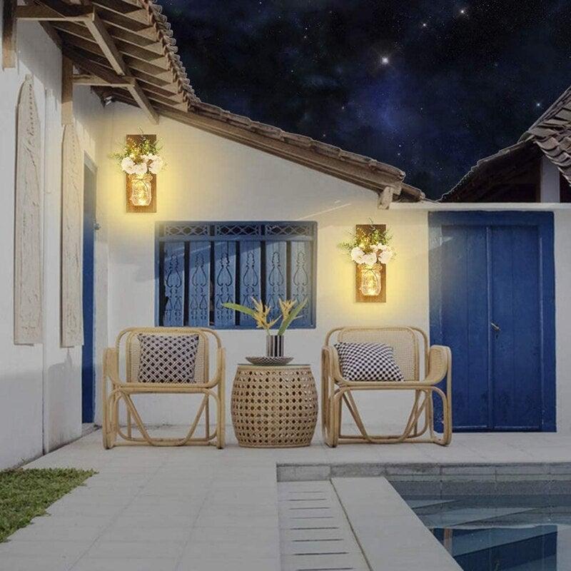 Rustic Wall Sconces Flower Lamp Mason Jar Sconce Handmade Wall Art Hanging Home Decoration 2 Set with LED Fairy Lights Decorative  Peony Flower