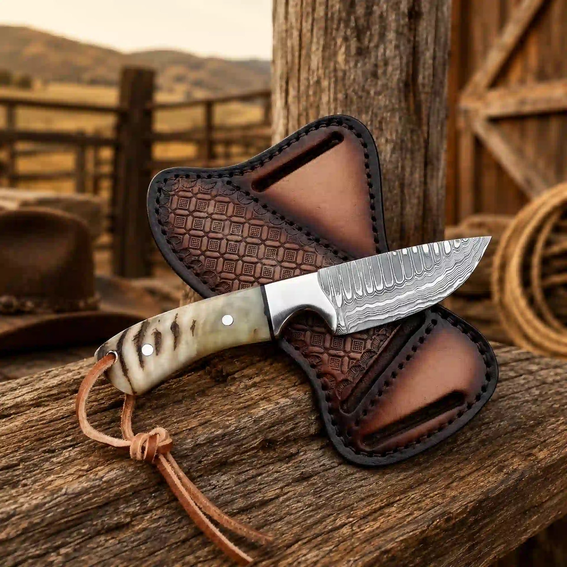 Buckaroo Knife | Damascus Steel with Ram Horn Handle