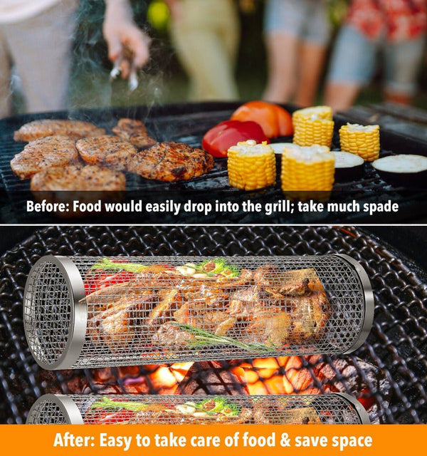 2-Pack Stainless Steel Rolling Grilling Basket - BBQ Grill Tools for Outdoor Cooking ebasketonline