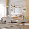 Full Size Canopy Bed with Trundle Wooden Platform Bed Frame Headboard-White