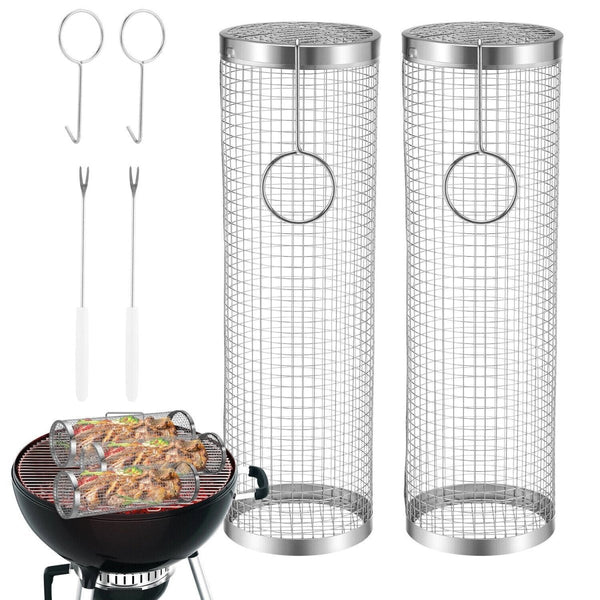 2-Pack Stainless Steel Rolling Grilling Basket - BBQ Grill Tools for Outdoor Cooking ebasketonline