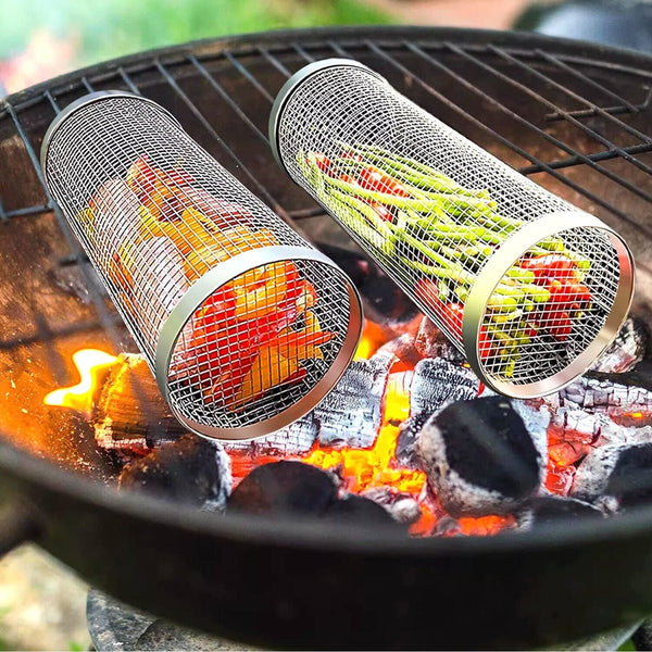 2-Pack Stainless Steel Rolling Grilling Basket - BBQ Grill Tools for Outdoor Cooking ebasketonline