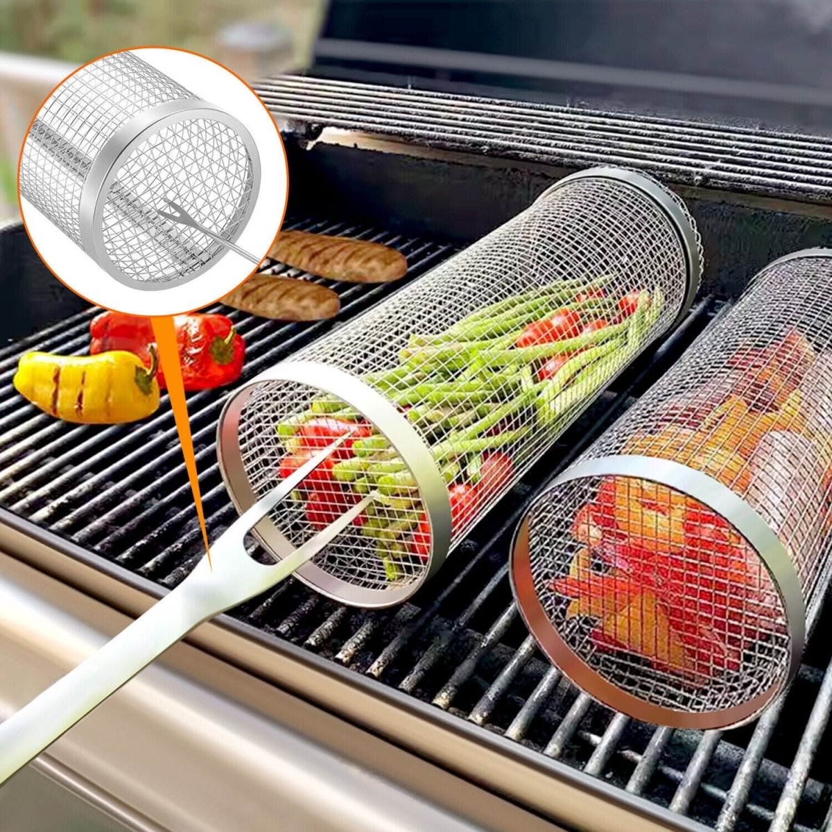2-Pack Stainless Steel Rolling Grilling Basket - BBQ Grill Tools for Outdoor Cooking ebasketonline