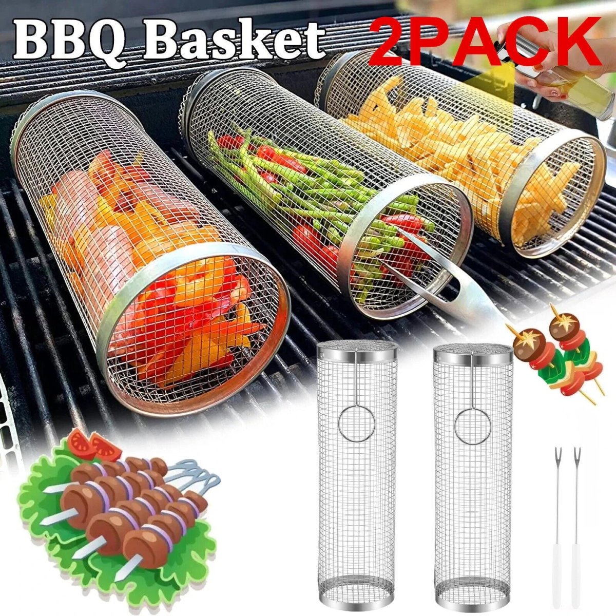 2-Pack Stainless Steel Rolling Grilling Basket - BBQ Grill Tools for Outdoor Cooking ebasketonline