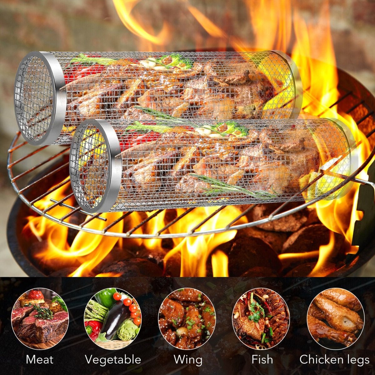 2-Pack Stainless Steel Rolling Grilling Basket - BBQ Grill Tools for Outdoor Cooking ebasketonline