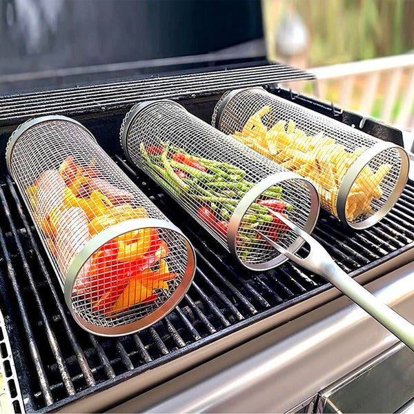 2-Pack Stainless Steel Rolling Grilling Basket - BBQ Grill Tools for Outdoor Cooking ebasketonline