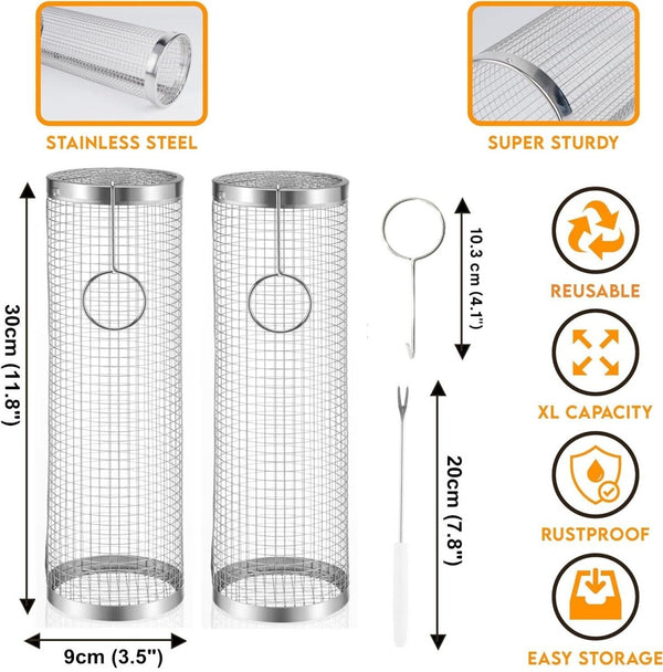 2-Pack Stainless Steel Rolling Grilling Basket - BBQ Grill Tools for Outdoor Cooking ebasketonline