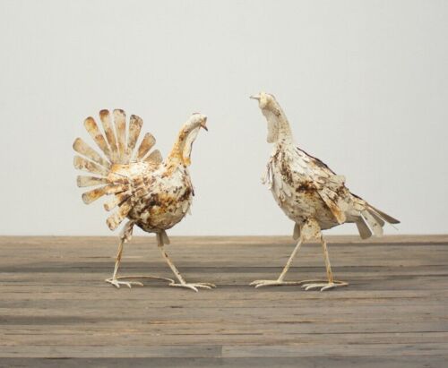 Set of 2 Antique White Metal Turkeys Kalalou