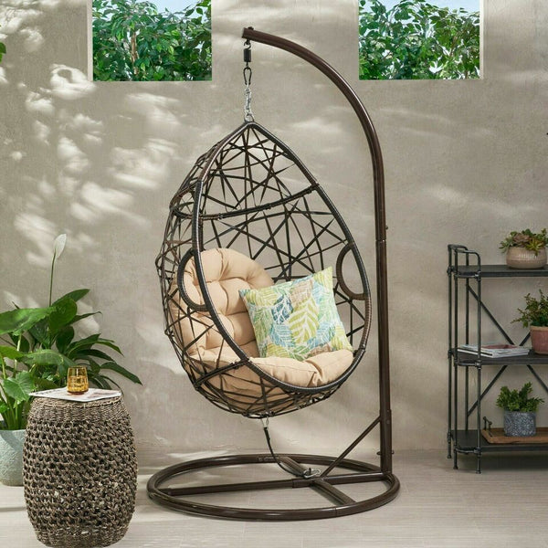 Outdoor Brown Wicker Hanging Teardrop / Egg Chair - NH791932