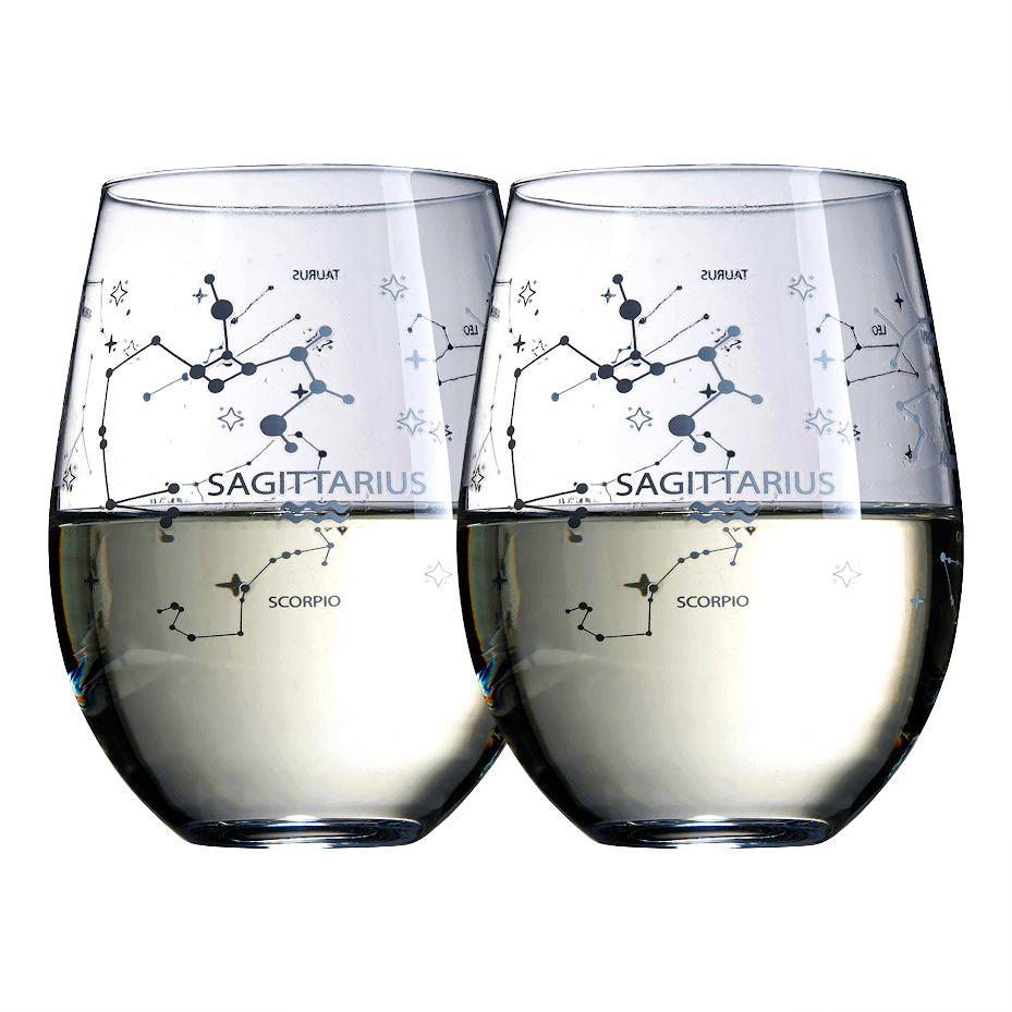 Set of 2 Zodiac Sign Wine Glasses with 2 Wooden Coasters by The Wine Savant - Astrology Drinking Glass Set with Etched Constellation Tumblers for Juice, Home Bar Horoscope Gifts 18oz (Sagittarius)