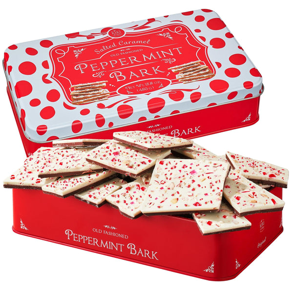 Handmade Layered Salted Caramel Dark & White Chocolate Peppermint Bark - 1Lb Holiday Bark Squares - Christmas & Winter Candy, Sweets Gift Tin, Old Fashioned Treat, Stocking Stuffer