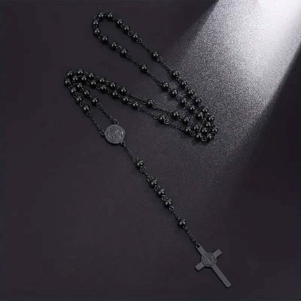 San Benito Golden Plated Stainless Steel Priest Saint Benedict Rosary Necklace
