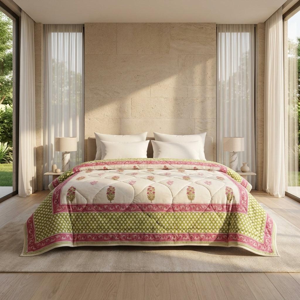 Cream & Deep Rose Floral Jaipur Indian Hand Block Print Quilted Comforter