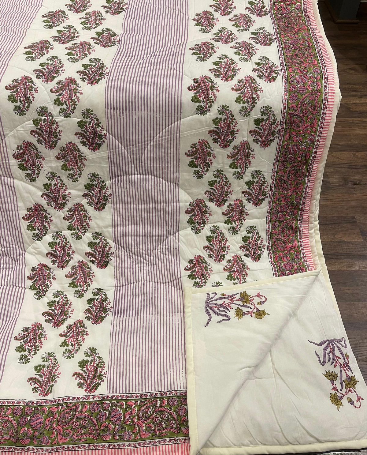 Cream & Deep Pink Floral Jaipur Indian Hand Block Print Quilted Comforter