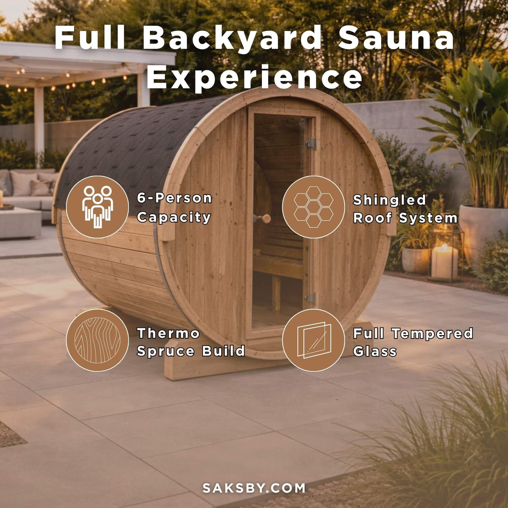 SaunaLife Model E8 Ergo Series 6-Person Outdoor Thermo-Spruce Sauna Barrel [SL-MODELE8] (SAK31809)