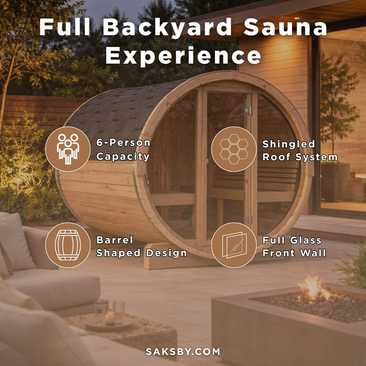 SaunaLife Model E8G Ergo Series 6-Person Outdoor Sauna Barrel With Tempered Glass Front [SL-MODELE8G] (SAK92814)