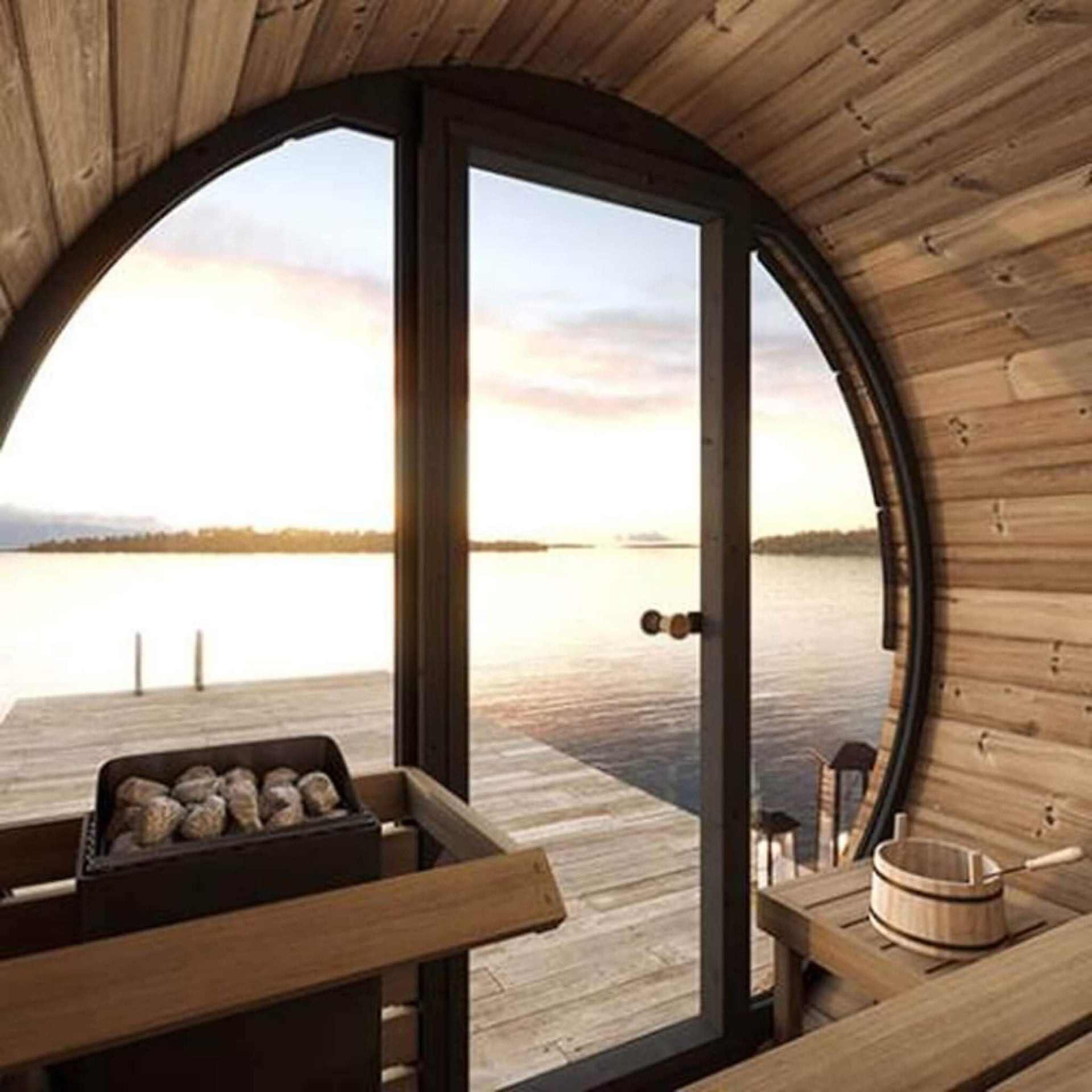 SaunaLife Model EE6G Ergo Series 4-Person Outdoor Sauna Barrel With Tempered Glass Front [SL-MODELEE6G] (SAK39412)