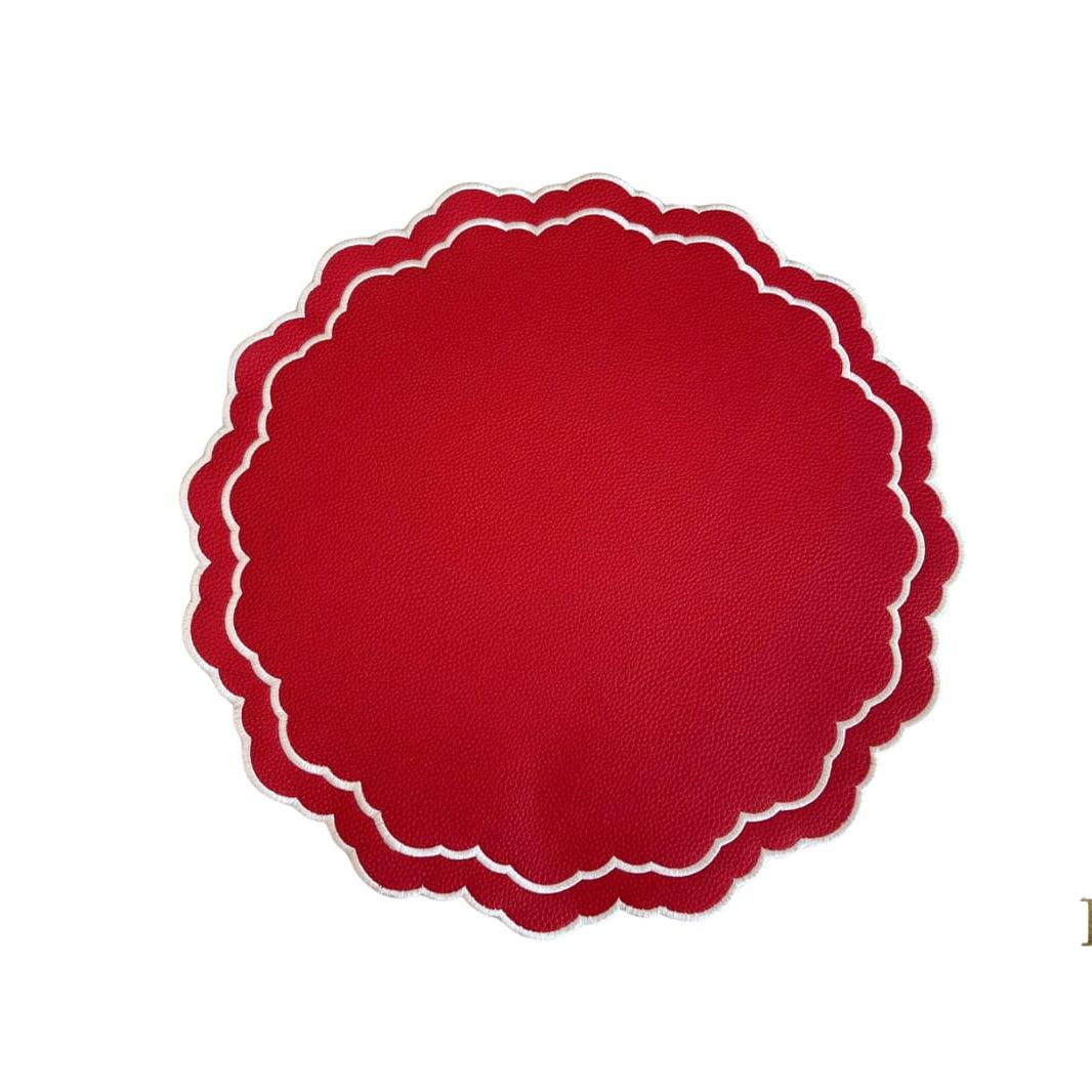 SPRING TABLE DECOR – SCARLET RED ROUND FAUX LEATHER PLACEMAT