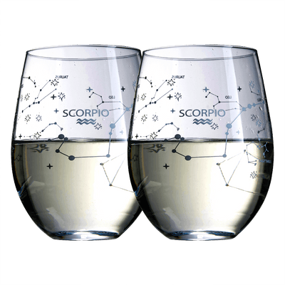 Set of 2 Zodiac Sign Wine Glasses with 2 Wooden Coasters by The Wine Savant - Astrology Drinking Glass Set with Etched Constellation Tumblers for Juice, Water Home Bar Horoscope Gifts 18oz (Scorpio)