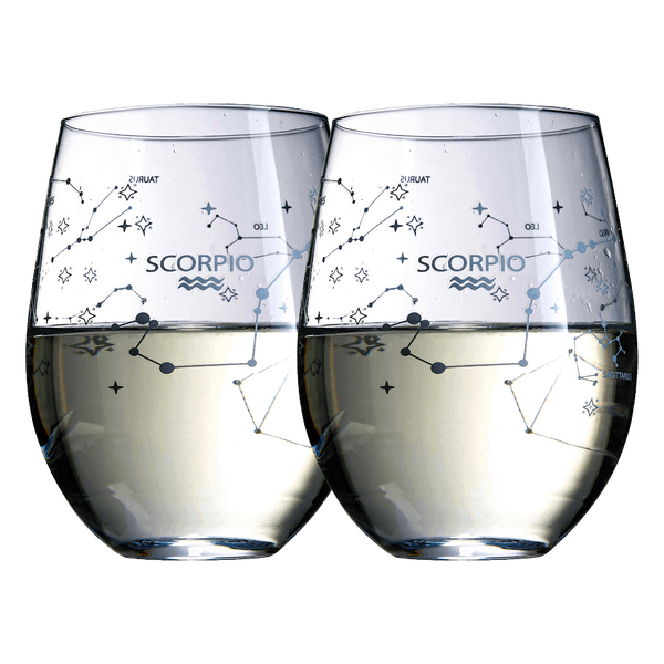 Set of 2 Zodiac Sign Wine Glasses with 2 Wooden Coasters by The Wine Savant - Astrology Drinking Glass Set with Etched Constellation Tumblers for Juice, Water Home Bar Horoscope Gifts 18oz (Scorpio)